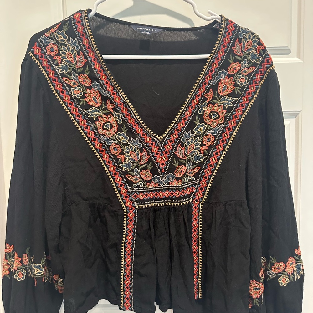 Embroidered Black Boho Top